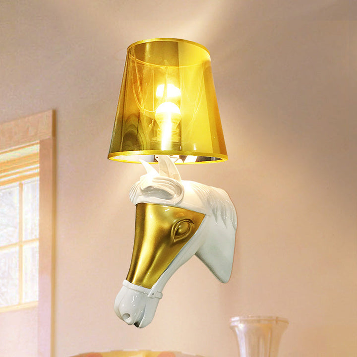 Skørter | Traditional Cone Wall Lamp Fixture 1 Bulb Fabric Wall Mount Lighting in White/Gold for Bedroom with Horse Head Base Plate