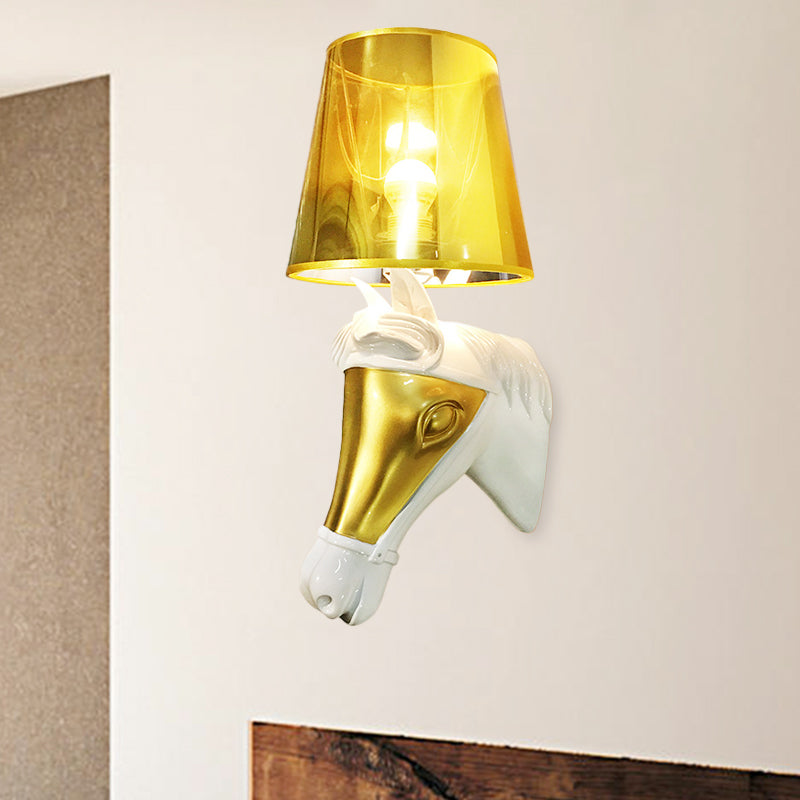Skørter | Traditional Cone Wall Lamp Fixture 1 Bulb Fabric Wall Mount Lighting in White/Gold for Bedroom with Horse Head Base Plate