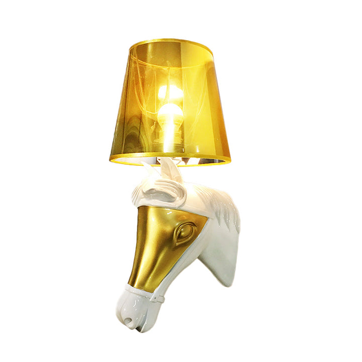 Skørter | Traditional Cone Wall Lamp Fixture 1 Bulb Fabric Wall Mount Lighting in White/Gold for Bedroom with Horse Head Base Plate