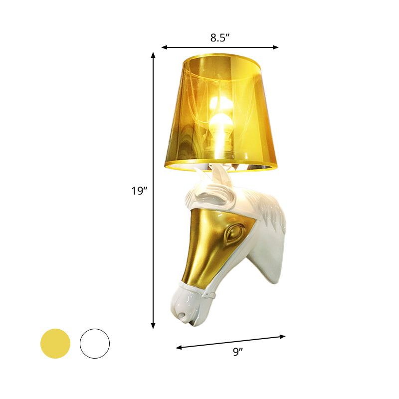 Skørter | Traditional Cone Wall Lamp Fixture 1 Bulb Fabric Wall Mount Lighting in White/Gold for Bedroom with Horse Head Base Plate