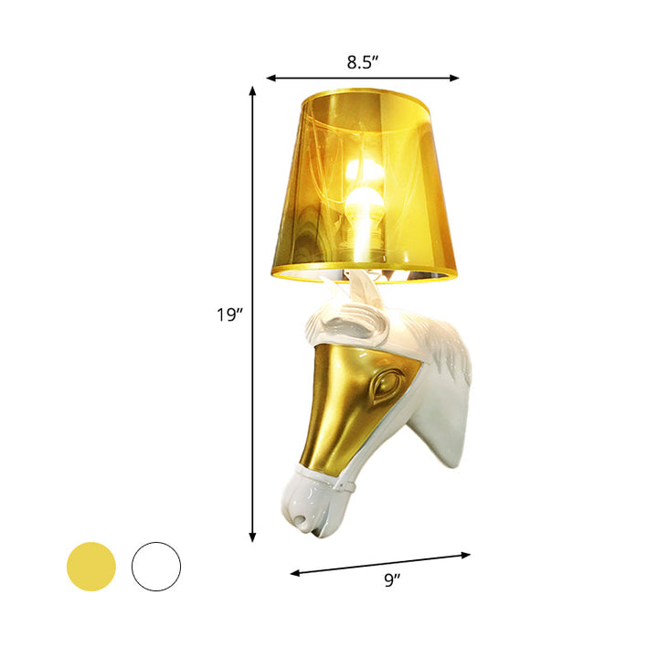 Skørter | Traditional Cone Wall Lamp Fixture 1 Bulb Fabric Wall Mount Lighting in White/Gold for Bedroom with Horse Head Base Plate