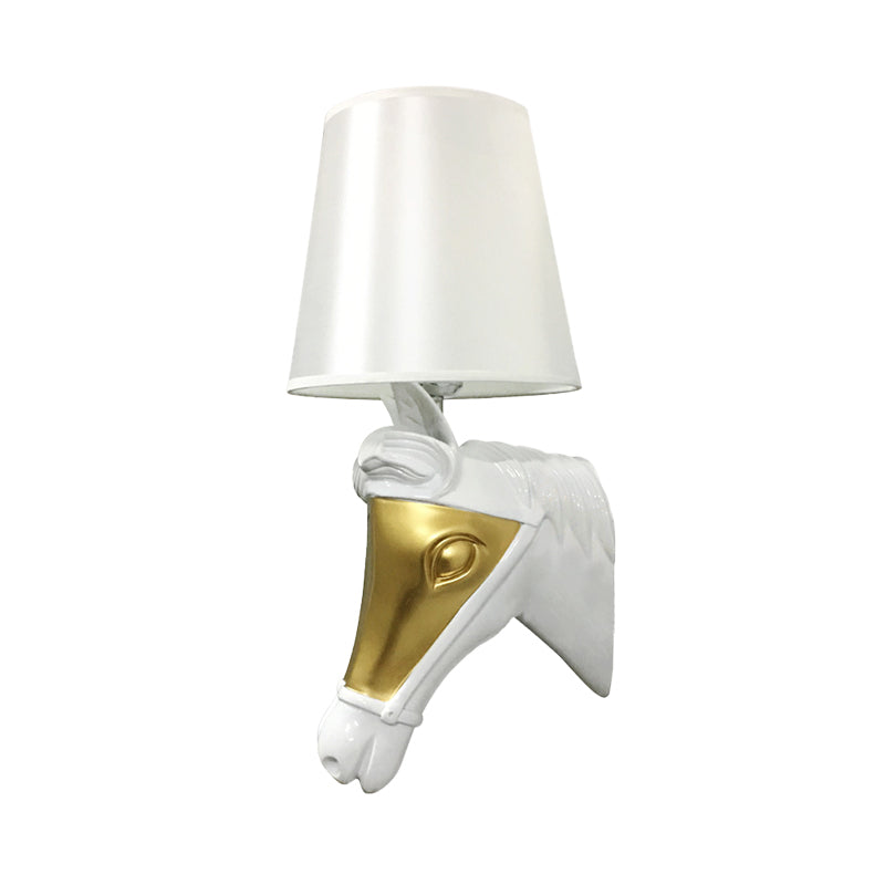 Skørter | Traditional Cone Wall Lamp Fixture 1 Bulb Fabric Wall Mount Lighting in White/Gold for Bedroom with Horse Head Base Plate