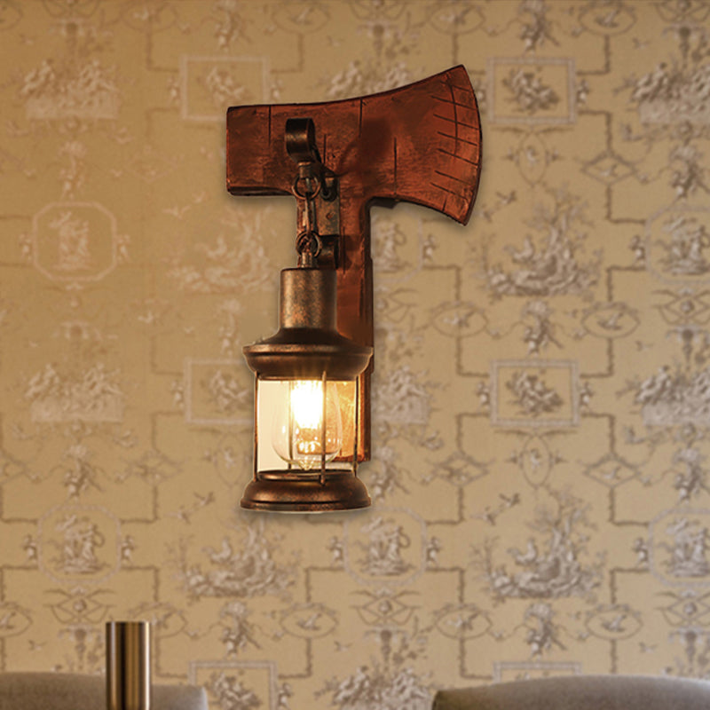 Lisslune | Rust One-Light Wall Light Coastal Clear Glass Lantern Lighting Fixture with Wood Back Plate