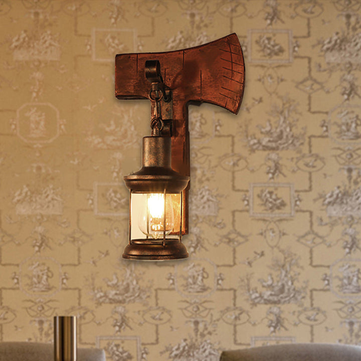 Lisslune | Rust One-Light Wall Light Coastal Clear Glass Lantern Lighting Fixture with Wood Back Plate