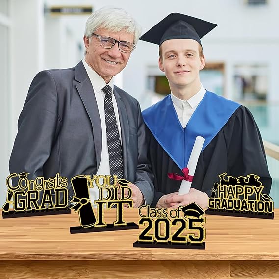 4 Piece Black and Gold Graduation Decorations Class of 2025 Congratulations Graduate Wood Table Centerpieces Graduate Table Decor Congratulations Tiered Shelf Decor for 2025 Graduation Decorations
