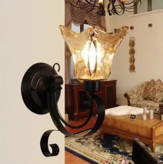 Skørter | Bell Bedroom Wall Light Retro Amber Glass Single Light LED Black Wall Mount Lighting, 15"/26" High