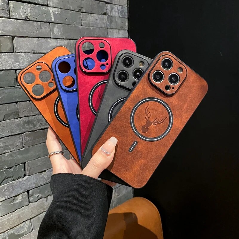 Lisslune | Luxury Deer Leather Apple iPhone Case | Magnetic Phone Case, Wireless Case, MagSafe, Wireless Charging, Protective Case, Cover for iPhone 15, 14, 13 Pro Max Plus