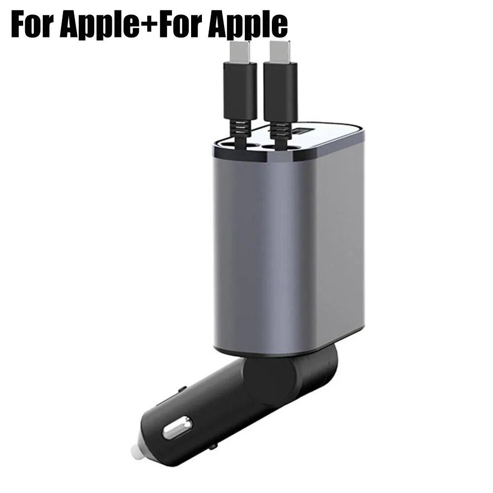 Lisslune | High-Speed 4-in-1 Retractable Car Charger with Dual USB, Type-C & Lightning Cables
