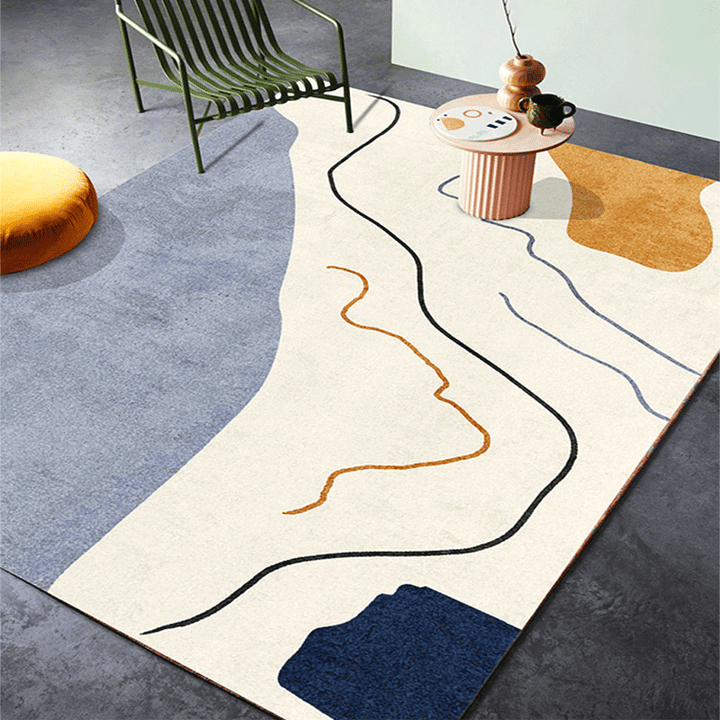 Lisslune | Retro Abstract Line Art Rug Multicolored Mid-Century Rug Synthetic Washable Stain Resistant Non-Slip Rug for the Living Room