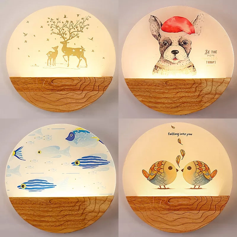 Skørter | Round LED Wall Lamp with Animal Creative Wooden Wall Light in Beige for Kindergarten