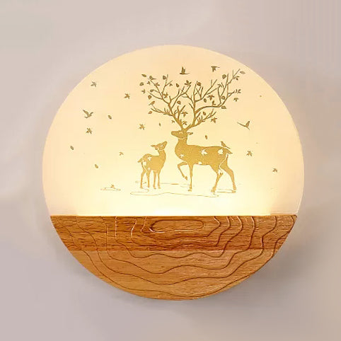 Skørter | Round LED Wall Lamp with Animal Creative Wooden Wall Light in Beige for Kindergarten
