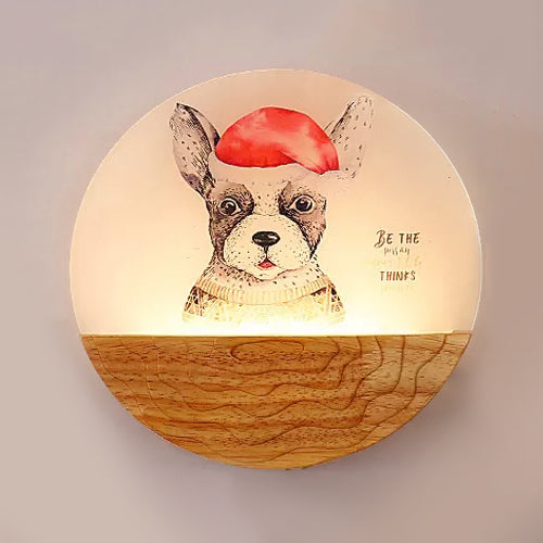 Skørter | Round LED Wall Lamp with Animal Creative Wooden Wall Light in Beige for Kindergarten