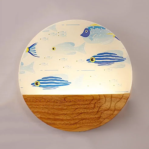Skørter | Round LED Wall Lamp with Animal Creative Wooden Wall Light in Beige for Kindergarten