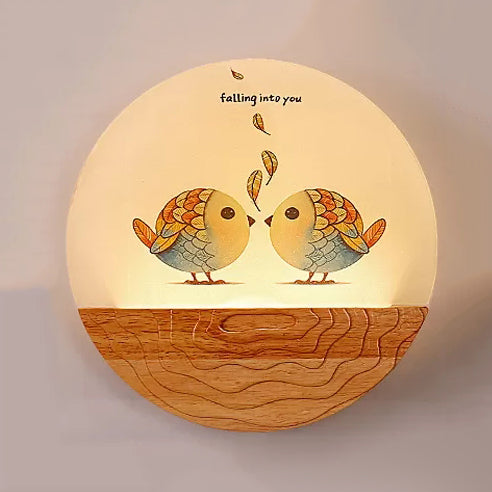 Skørter | Round LED Wall Lamp with Animal Creative Wooden Wall Light in Beige for Kindergarten