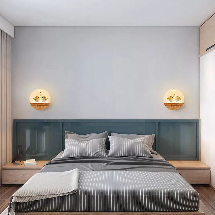 Skørter | Round LED Wall Lamp with Animal Creative Wooden Wall Light in Beige for Kindergarten