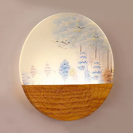 Skørter | Circle Living Room Wall Light with Natural Visible Wood Rustic Wall Lamp in Beige
