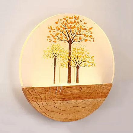 Skørter | Circle Living Room Wall Light with Natural Visible Wood Rustic Wall Lamp in Beige