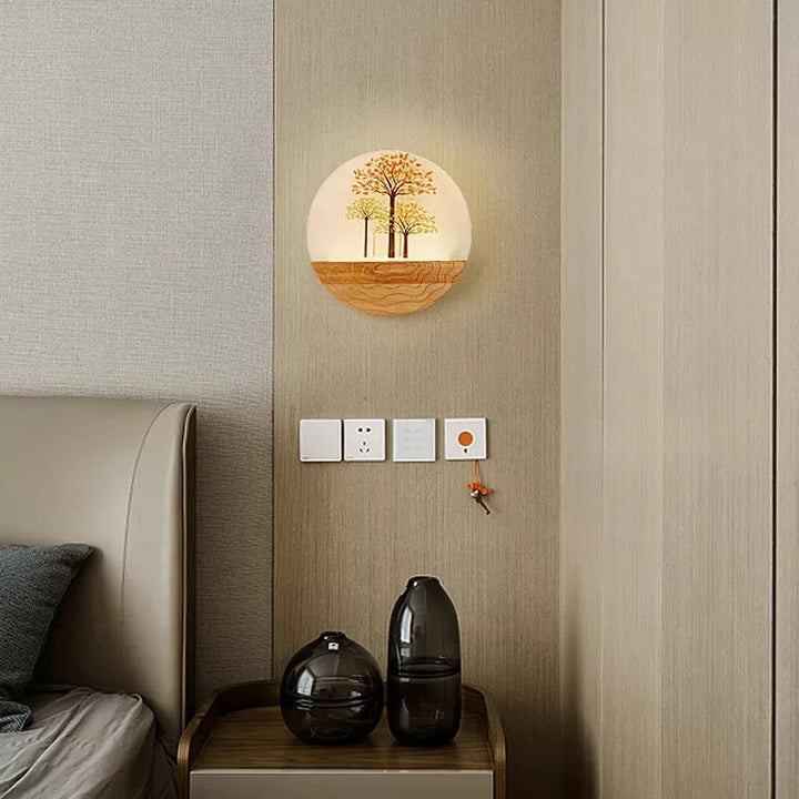 Skørter | Circle Living Room Wall Light with Natural Visible Wood Rustic Wall Lamp in Beige