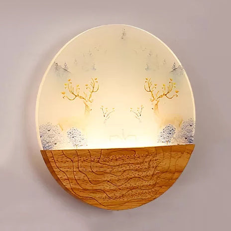 Skørter | Circle Living Room Wall Light with Natural Visible Wood Rustic Wall Lamp in Beige