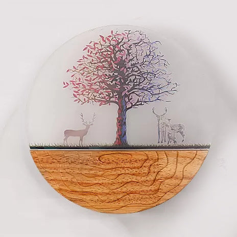 Skørter | Circle Living Room Wall Light with Natural Visible Wood Rustic Wall Lamp in Beige
