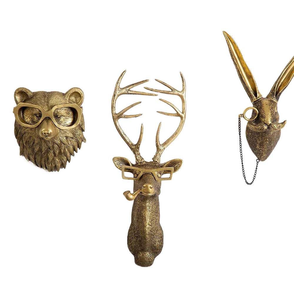 Lisslune | Antique Bronze Resin Animal Pendant Golden Deer Head Wall Storage Hook Background Wall Accessories Decorative Figures