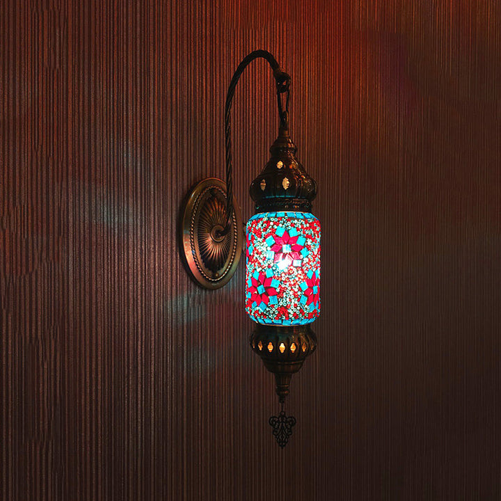 Skørter | Colorful Glass Cylinder Wall Light Morocco 1 Head Bedroom Wall Mount Lighting in Purple/Gold/Rose Red
