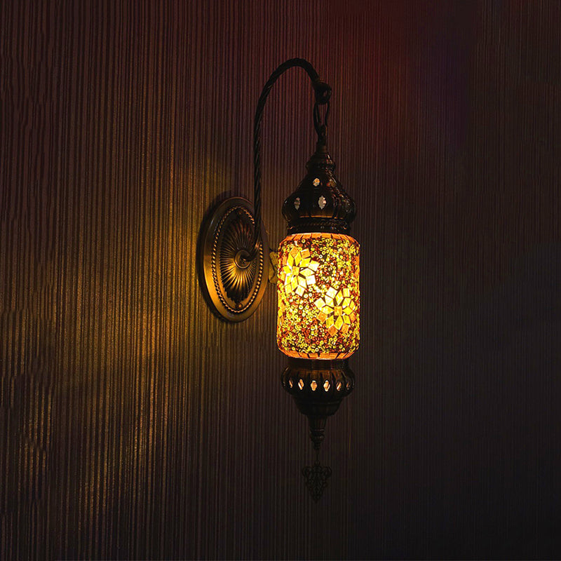 Skørter | Colorful Glass Cylinder Wall Light Morocco 1 Head Bedroom Wall Mount Lighting in Purple/Gold/Rose Red