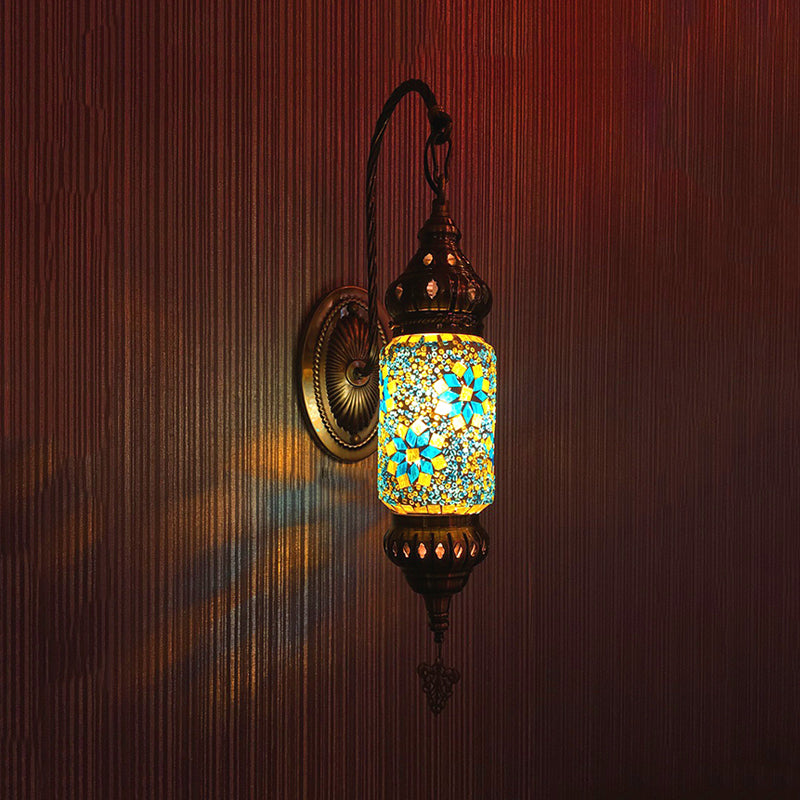 Skørter | Colorful Glass Cylinder Wall Light Morocco 1 Head Bedroom Wall Mount Lighting in Purple/Gold/Rose Red