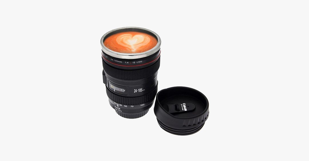 Lisslune | SLR Camera Lens Stainless Steel Travel Coffee Mug with Spill-Proof Lid