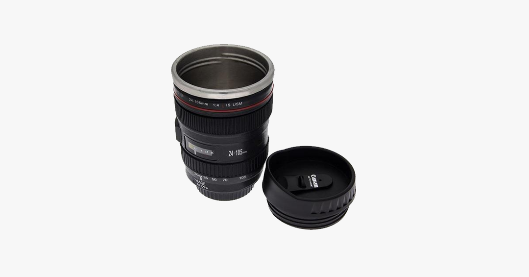 Lisslune | SLR Camera Lens Stainless Steel Travel Coffee Mug with Spill-Proof Lid