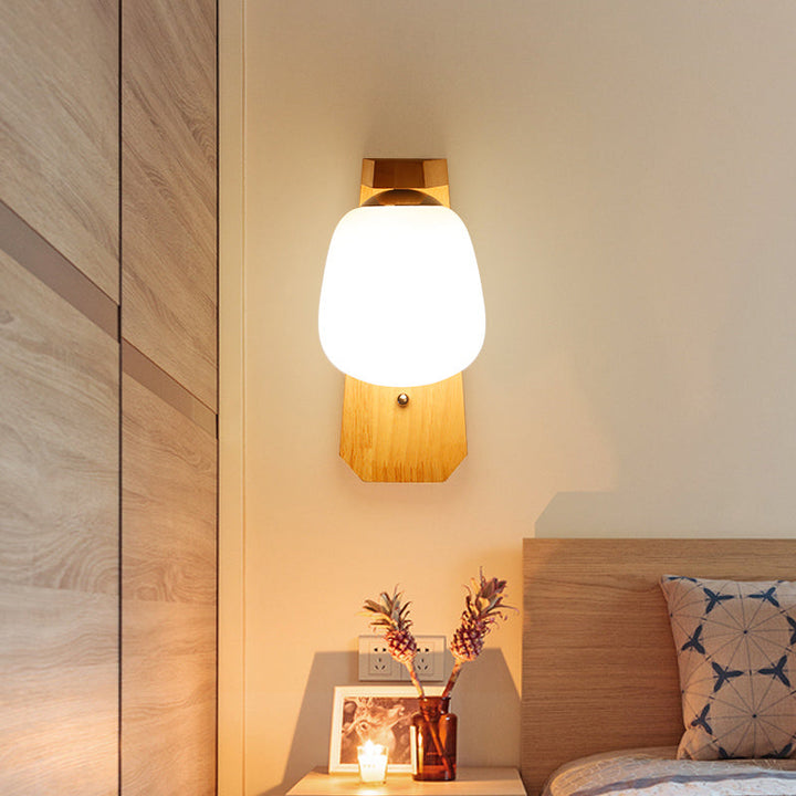 Lisslune | Milk Glass Mini Wall Mounted Lighting Nordic Style 1 Light Indoor Wall Light made of Wood for the Bedroom