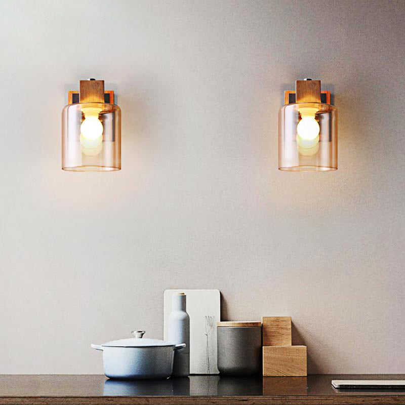 Lisslune | Cognac Glass Cylinder Wall Lamp Nordic Style 1 Light Mini Wall Sconce Made of Wood