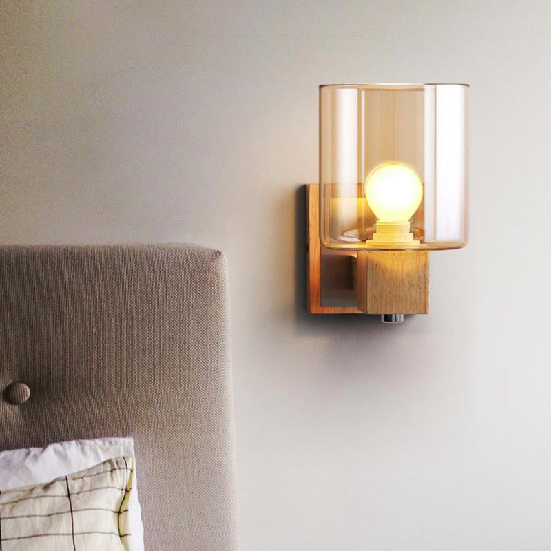 Lisslune | Cognac Glass Cylinder Wall Lamp Nordic Style 1 Light Mini Wall Sconce Made of Wood
