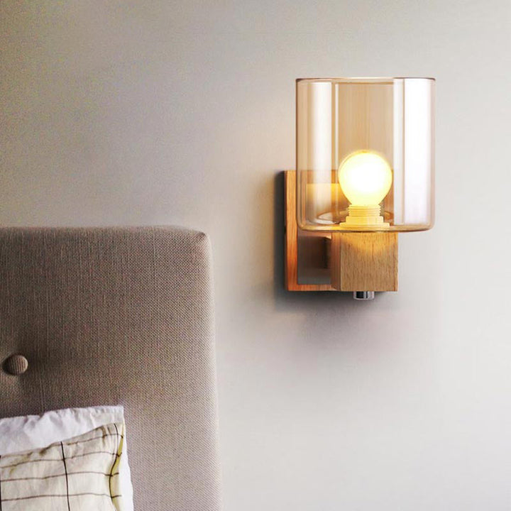 Lisslune | Cognac Glass Cylinder Wall Lamp Nordic Style 1 Light Mini Wall Sconce Made of Wood
