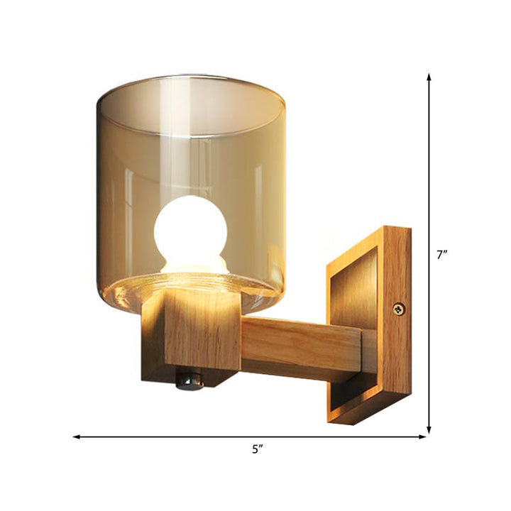 Lisslune | Cognac Glass Cylinder Wall Lamp Nordic Style 1 Light Mini Wall Sconce Made of Wood