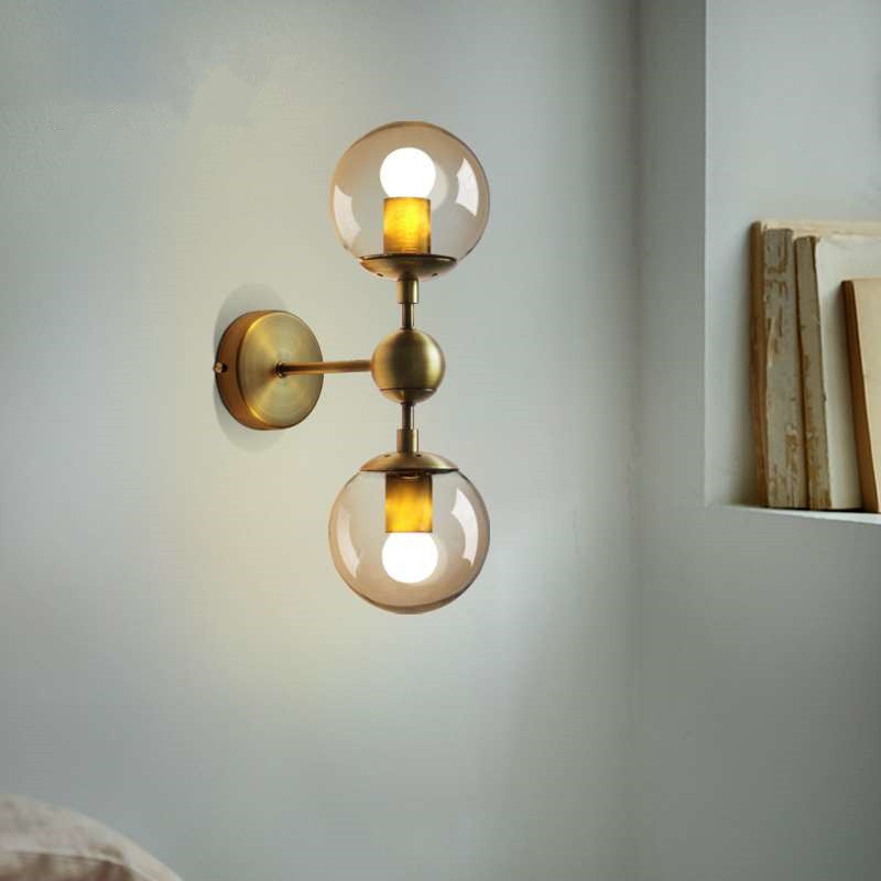 Lisslune | 1/2-Head Global Wall Mount Light with Amber Glass Shade Modernist Wall Lamp Lighting in Gold for Bedroom