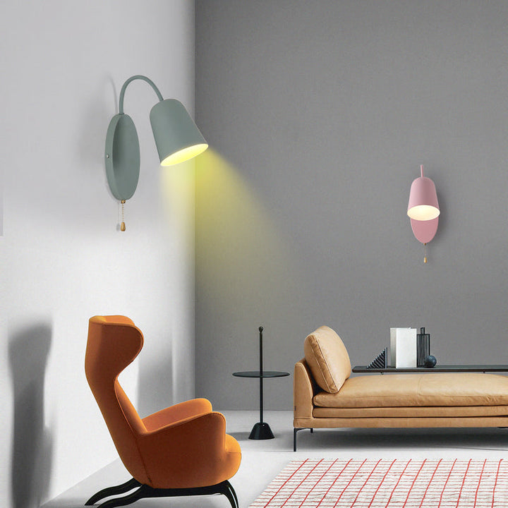 Lisslune | Modern Cone Wall Light 1 Light Wall Mounted Lighting with Metal Shade and Pull Chain in Pink/Yellow/Blue/Green