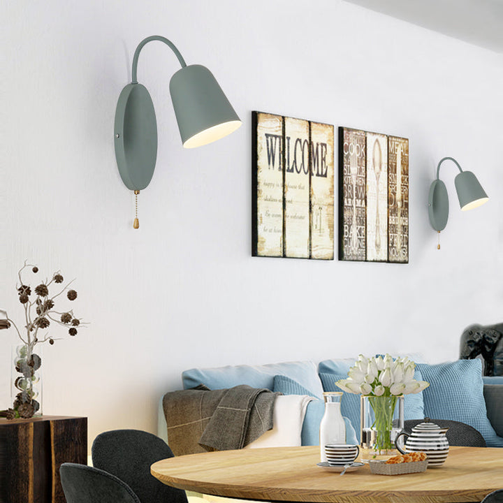 Lisslune | Modern Cone Wall Light 1 Light Wall Mounted Lighting with Metal Shade and Pull Chain in Pink/Yellow/Blue/Green