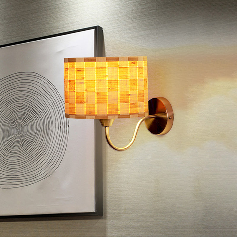 Skørter | Wood Drum Wall Lighting Chinese 1 Head Beige Wall Lamp with Metallic Curved Arm