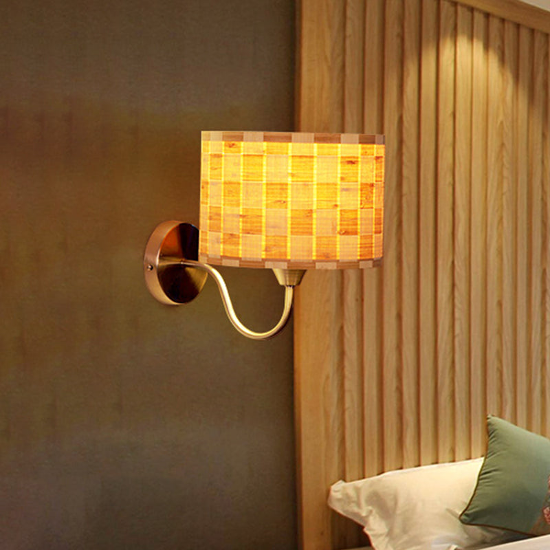 Skørter | Wood Drum Wall Lighting Chinese 1 Head Beige Wall Lamp with Metallic Curved Arm