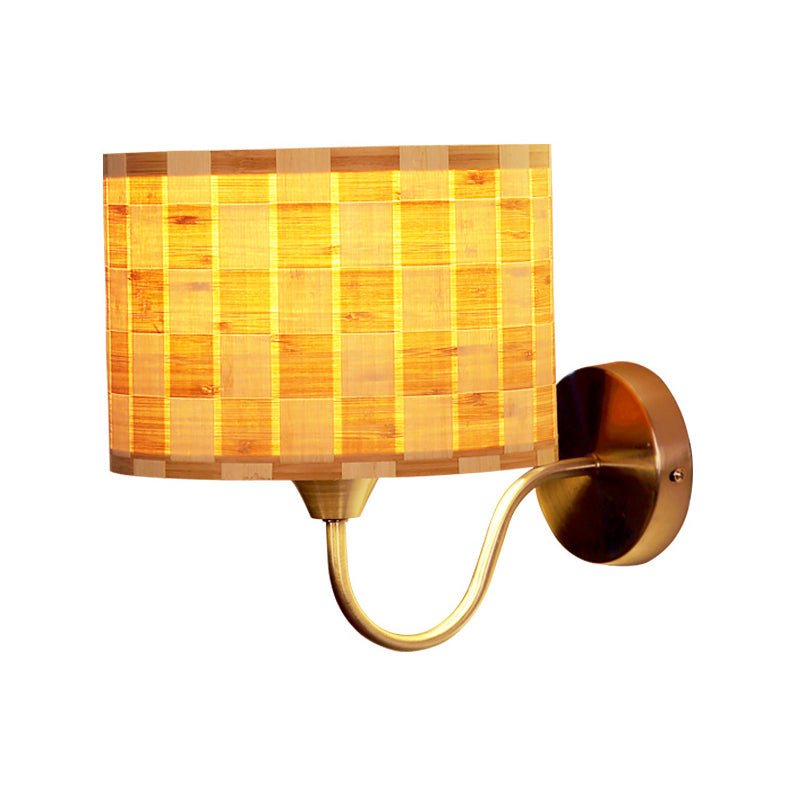 Skørter | Wood Drum Wall Lighting Chinese 1 Head Beige Wall Lamp with Metallic Curved Arm