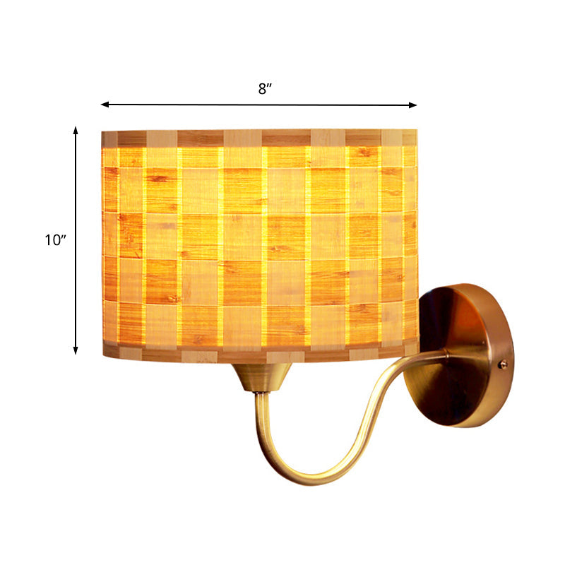 Skørter | Wood Drum Wall Lighting Chinese 1 Head Beige Wall Lamp with Metallic Curved Arm