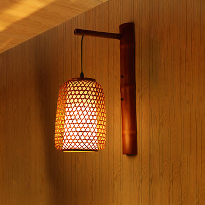 Skørter | Handmade Bamboo Wall Lamp Asia 1 Bulb Reddish Brown Wall Mount Light with inner tubular white parchment shade