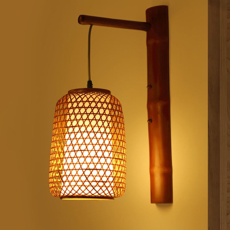 Skørter | Handmade Bamboo Wall Lamp Asia 1 Bulb Reddish Brown Wall Mount Light with inner tubular white parchment shade
