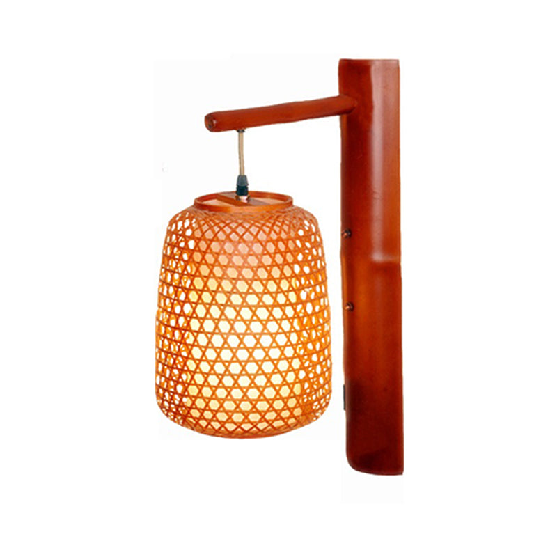 Skørter | Handmade Bamboo Wall Lamp Asia 1 Bulb Reddish Brown Wall Mount Light with inner tubular white parchment shade