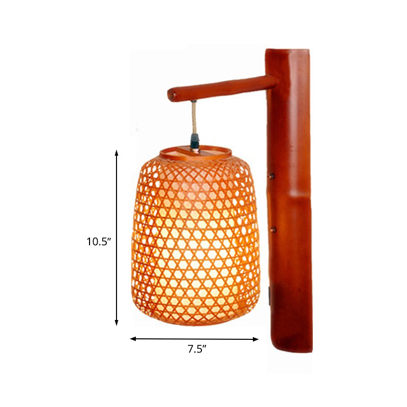 Skørter | Handmade Bamboo Wall Lamp Asia 1 Bulb Reddish Brown Wall Mount Light with inner tubular white parchment shade