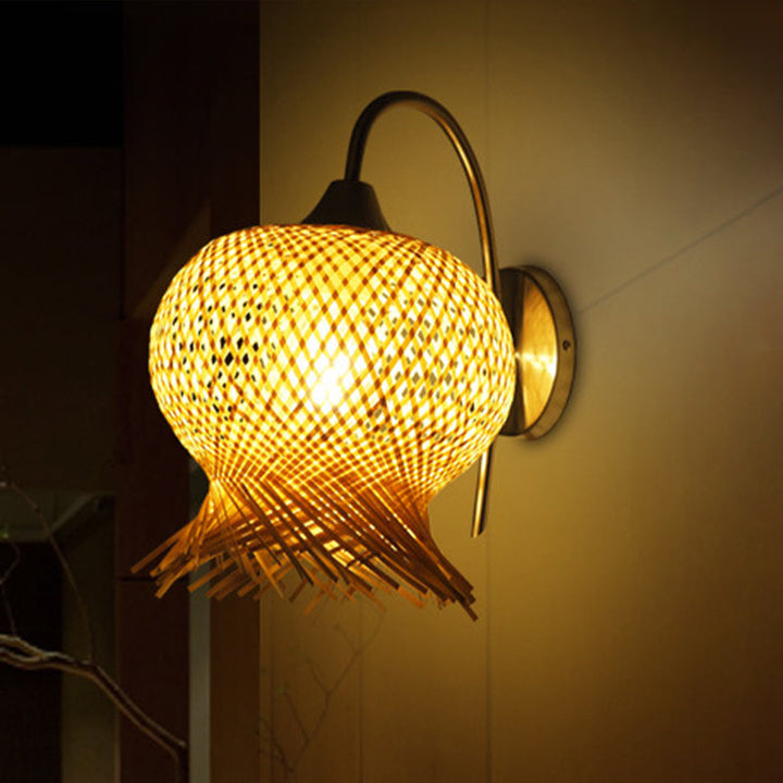 Skørter | Bamboo Hand Woven Wall Light Asia 1 Head Wall Mount Lamp in Flax with Metal Goose Neck Arm