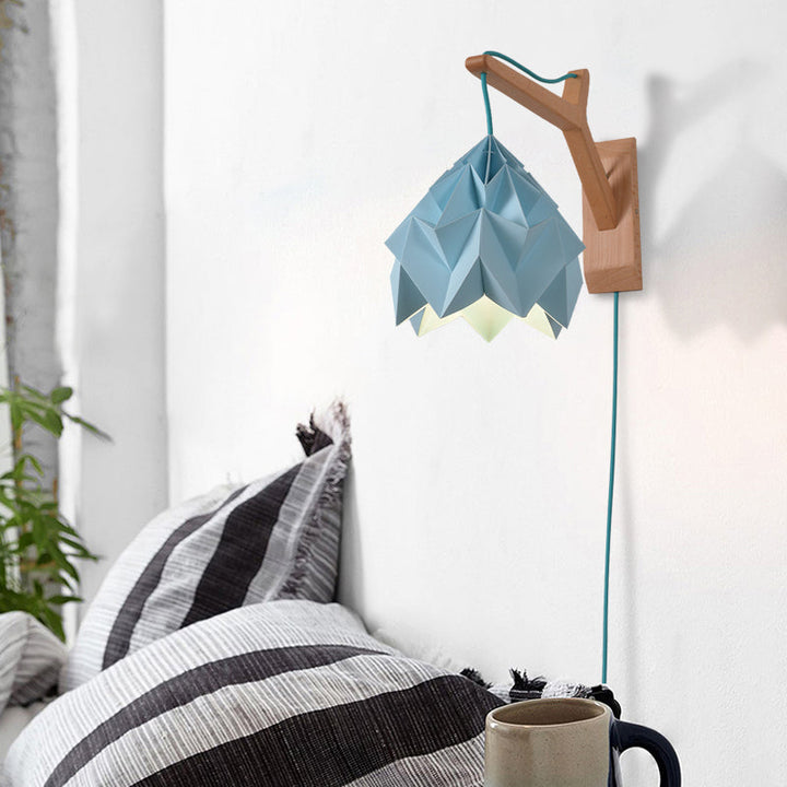 Lisslune | Curved Shadow Paper Wall Lamp Macaron 1 Head White/Pink/Yellow/Blue/Green Sconce Lamp with Wooden Backplate