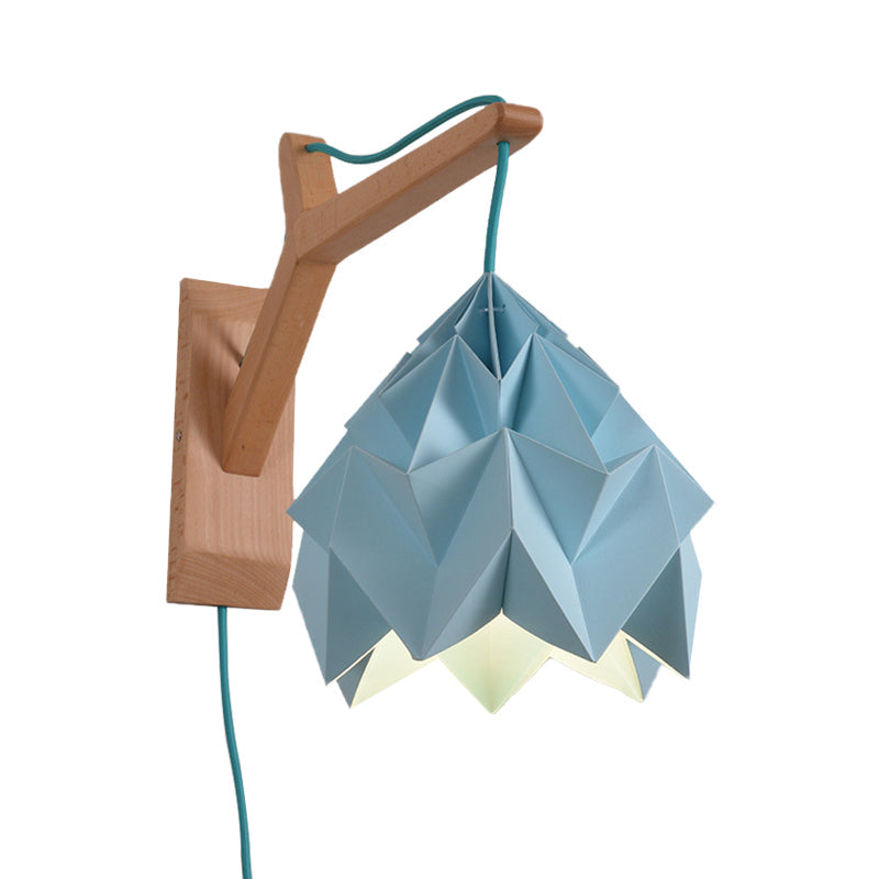 Lisslune | Curved Shadow Paper Wall Lamp Macaron 1 Head White/Pink/Yellow/Blue/Green Sconce Lamp with Wooden Backplate
