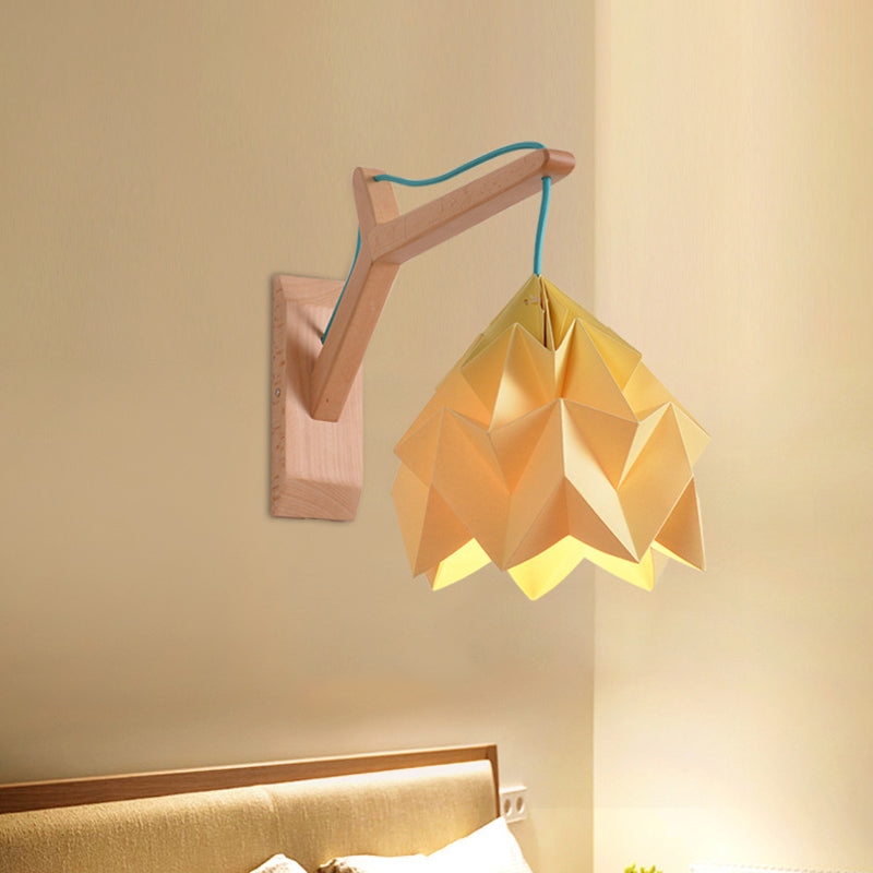 Lisslune | Curved Shadow Paper Wall Lamp Macaron 1 Head White/Pink/Yellow/Blue/Green Sconce Lamp with Wooden Backplate